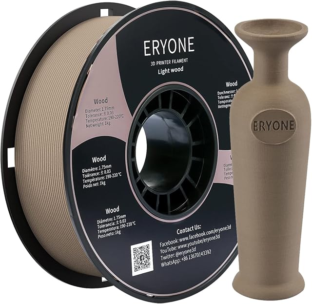 Eryone filament PLA, filament PLA 1,75 mm, drewniany filament PLA do drukarki i długopisu 3D FDM, 1 kg, 1 szpula
