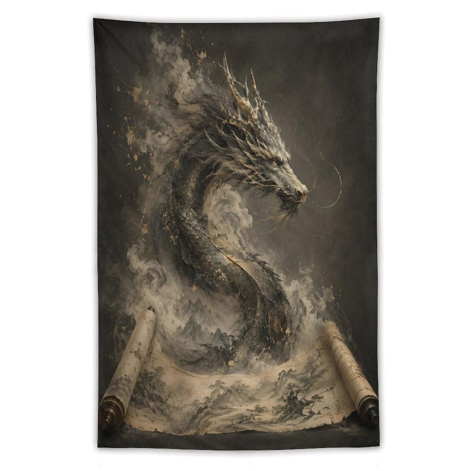 H3B8U2Y5 Dragon Emerging from Scroll Wall Tapestry, Mythic Ink