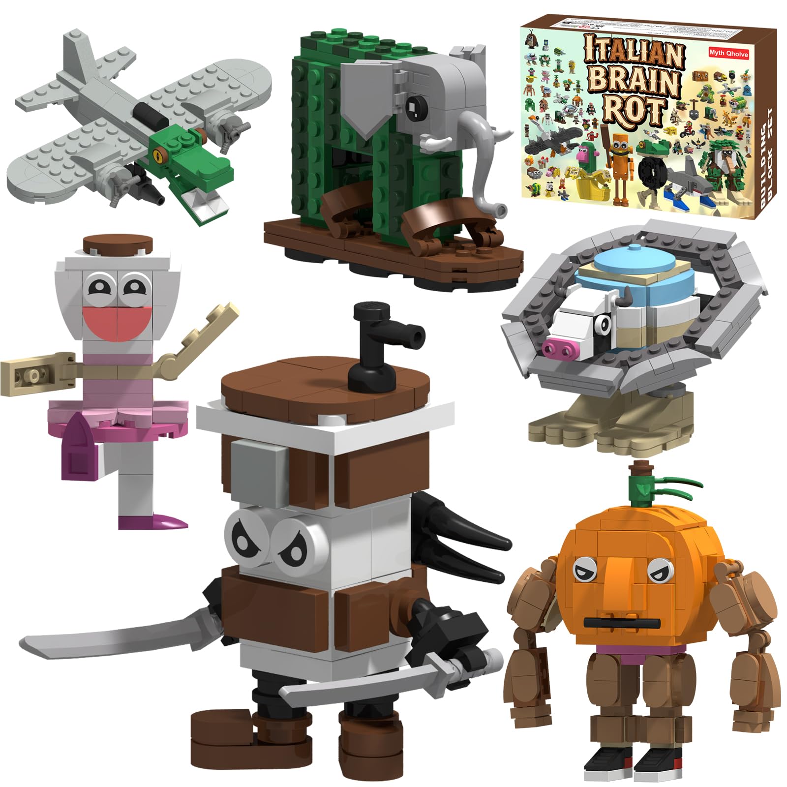 Myth Qholve Italian Brain Rot Unique Cartoon Characters Building Blocks 6 in 1 Educational & Entertaining Gift Idea for Kids Teens & Adults