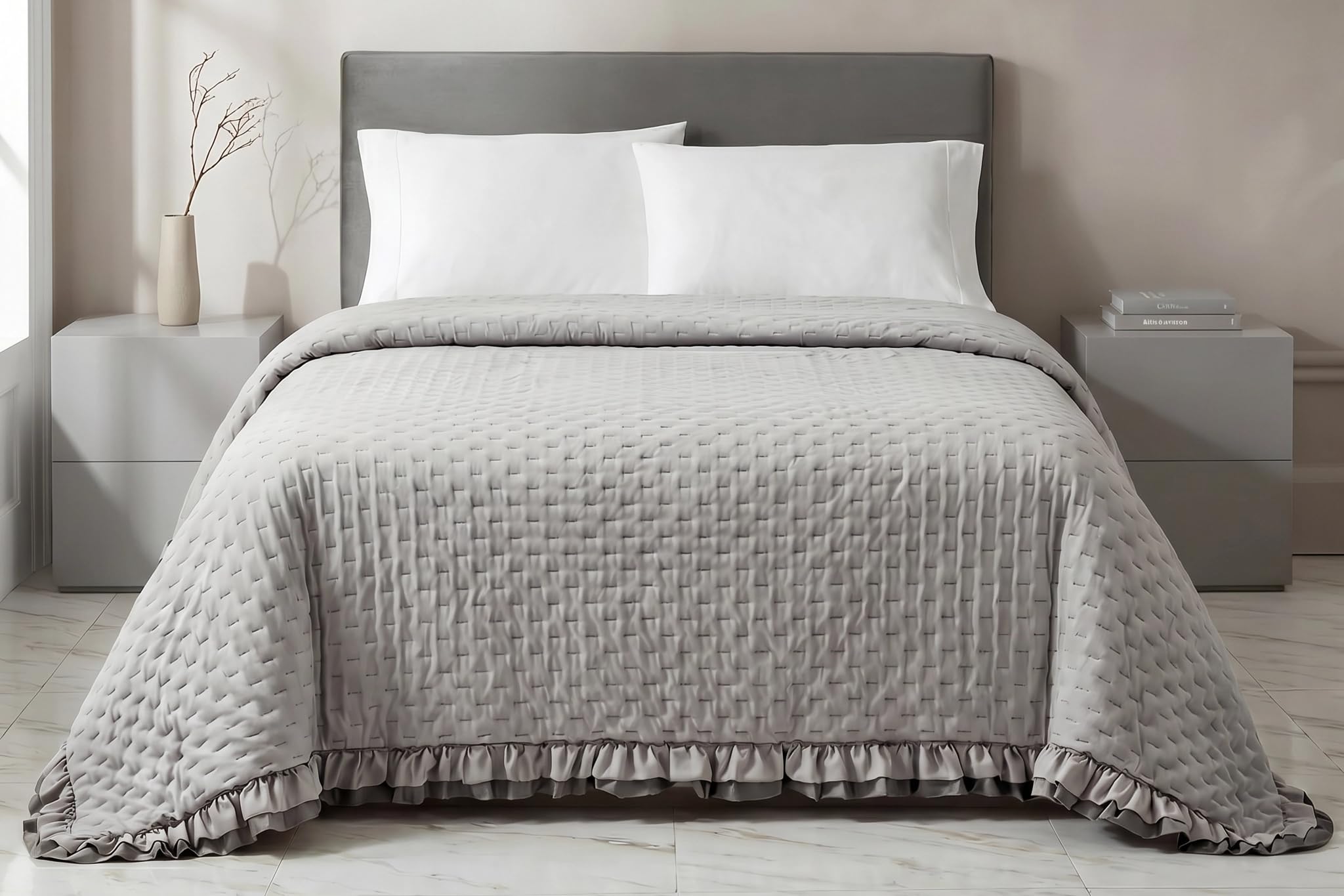 Riad Arredo Colcha de matrimonio de doble cara con volantes de primavera de verano suave microfibra – Colcha acolchada ligera elegante Shabby (gris/antracita)
