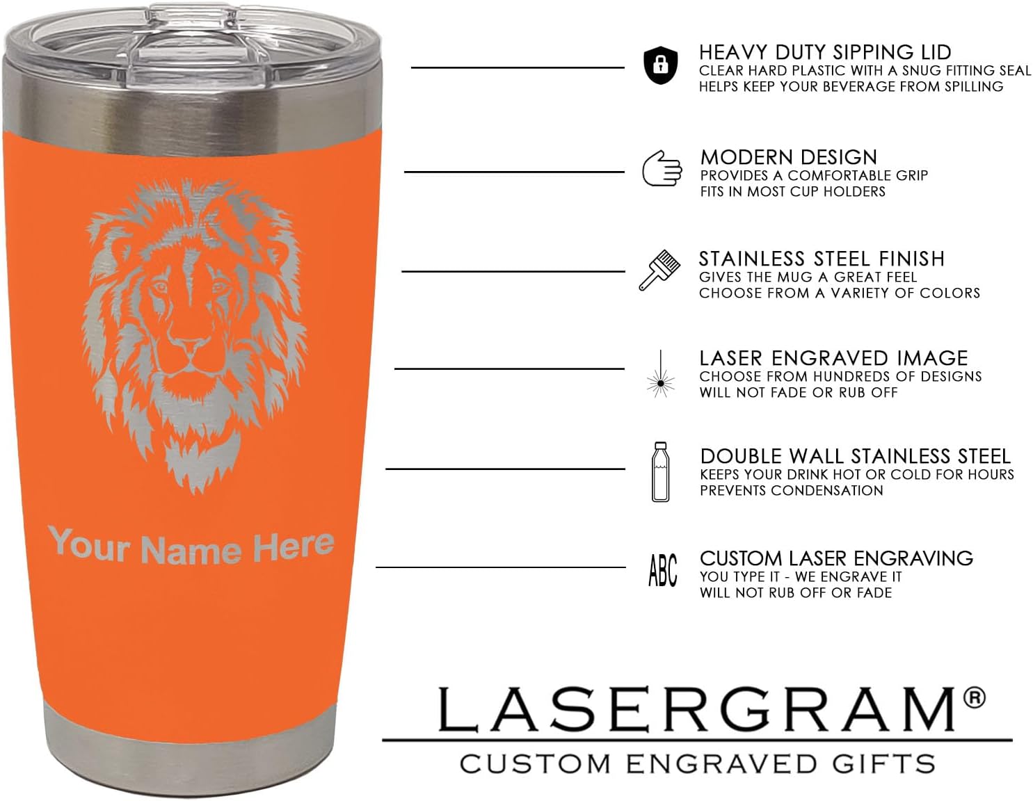LaserGram 20oz Vacuum Insulated Tumbler Mug, Deer, Personalized Engraving Included (Orange)
