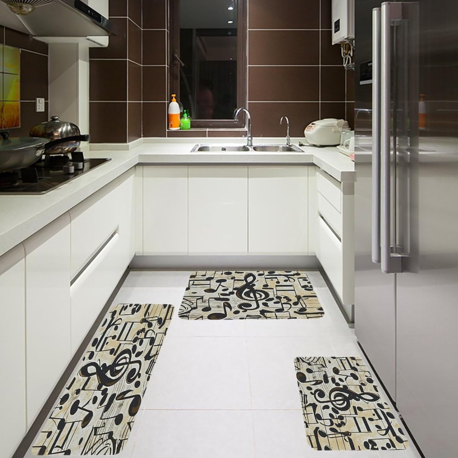 Music Notes Kitchen Mats Soft Absorbent Rugs for Floor Non Slip Washable Kitchen Mats Fashion Rectangular Rugs for Three-Piece Set for Laundry Office Home Sink