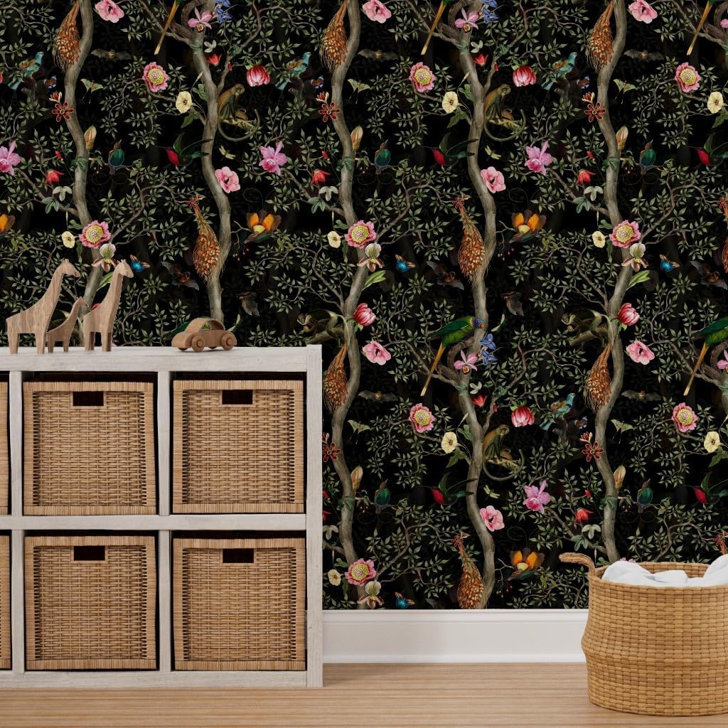 Peel & Stick Wallpaper 3ft x 2ft - Tropical Garden Black Chinese Antique Toile Chinoiserie Custom Removable Wallpaper by Spoonflower