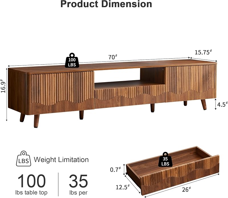 BERRYMERRY Walnut 70” Fluted Wave TV Stand for TVs up to 75” image 2