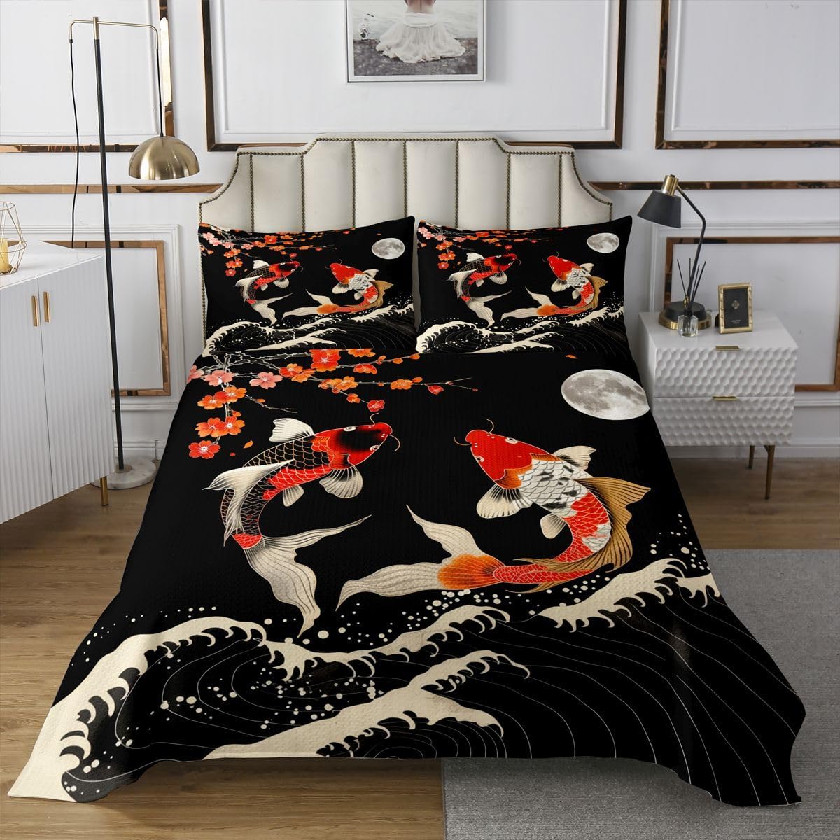 jejeloiu Japanese Koi Bedspread Twin Size Japan Style Coverlet Set Cherry Blossom Quilted Coverlet for All Season with 1 Pillowcase Ocean Wave Microfiber Lightweight