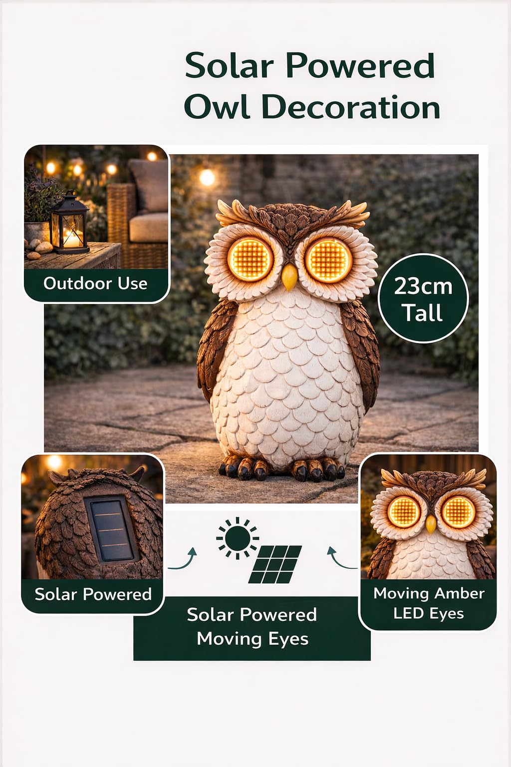 Premier Adorno de jardín solar de búho de 23 cm con ojos LED móviles, decoración de jardín para exteriores