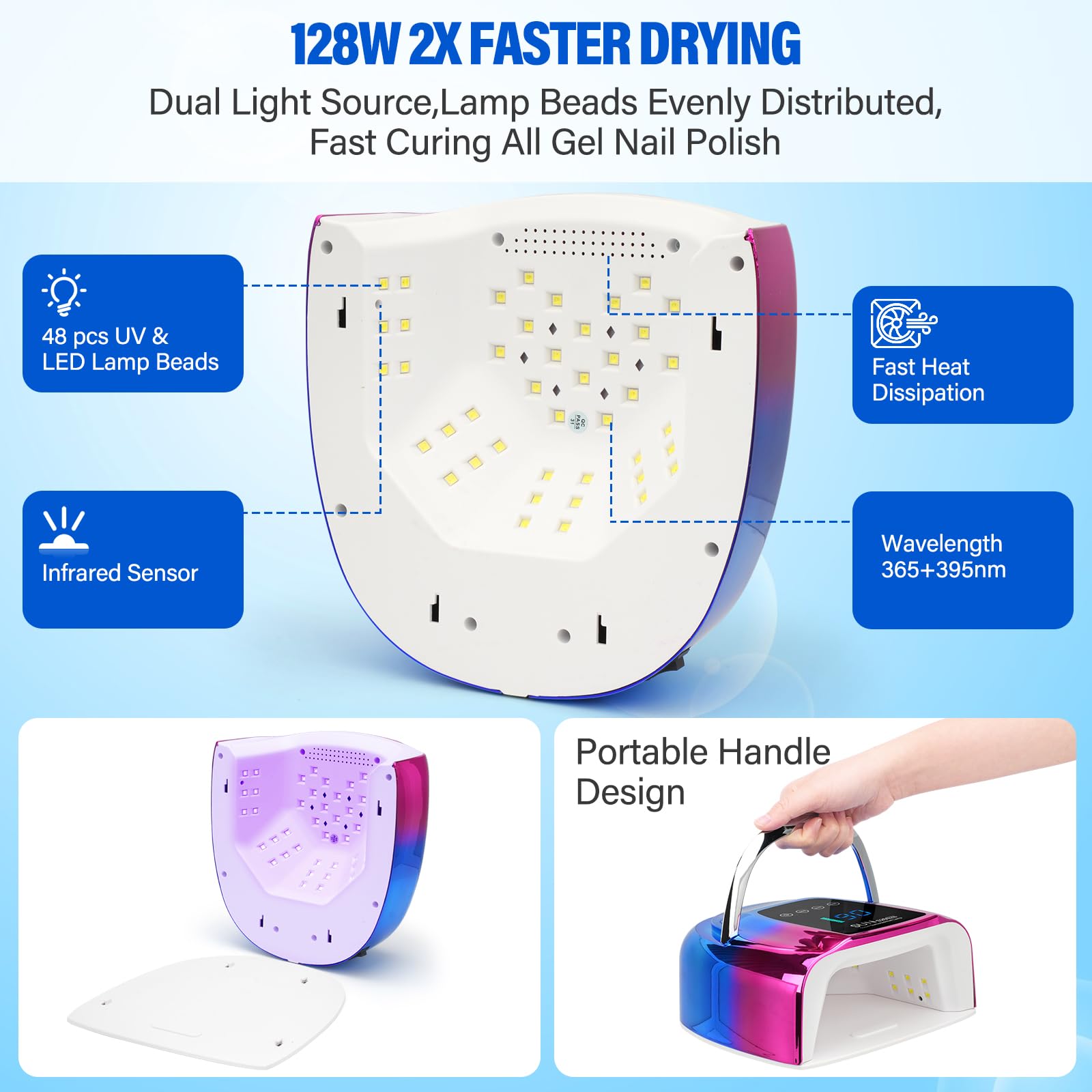UV-LED-Nagellampe, kabellos, 128 W, tragbarer Nageltrockner, wiederaufladbares UV-Licht für Gel-Nägel, schnell aushärtende kabellose Gel-Nagellack-Lampe mit intelligentem Sensor, 3 Timer, 48 LEDs,