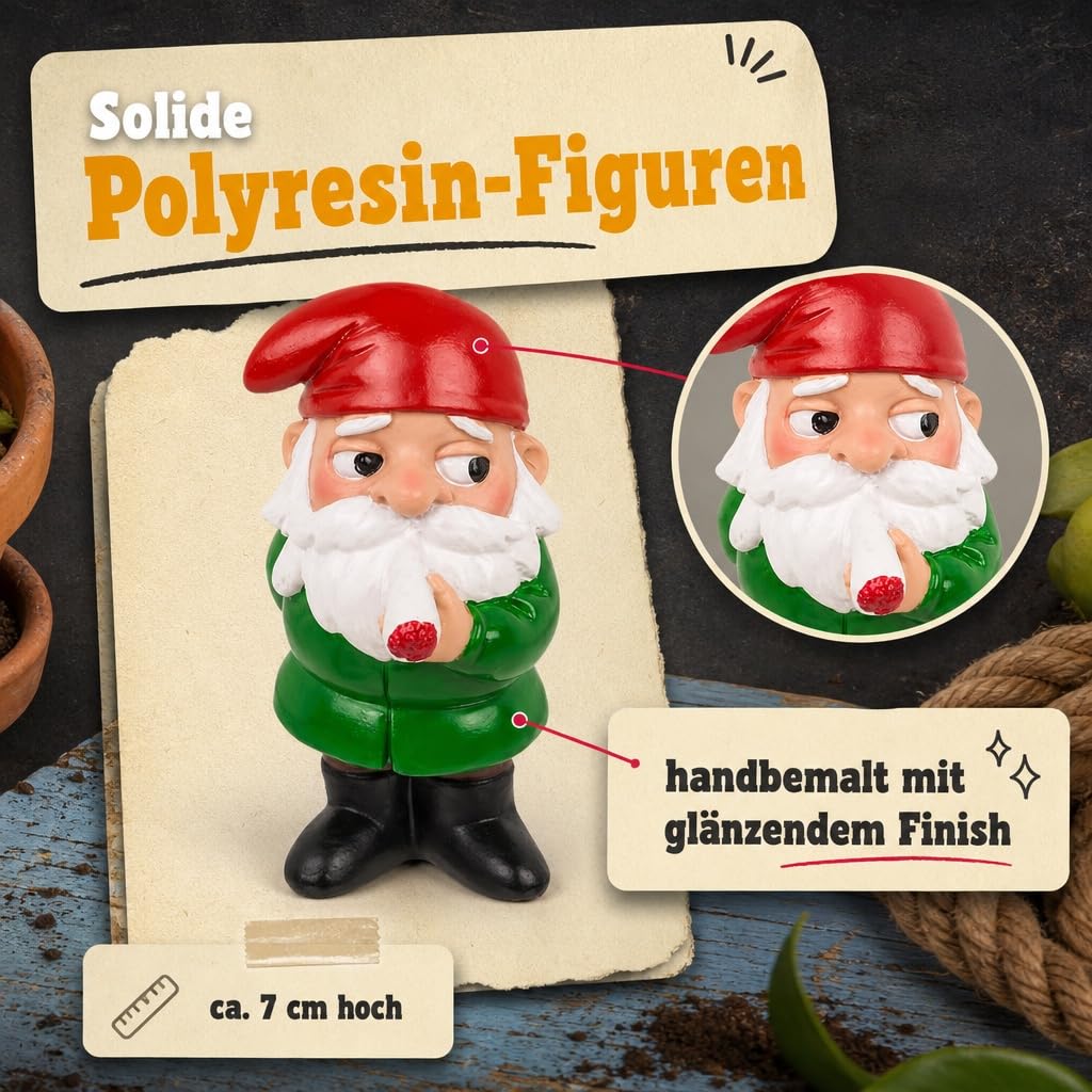 MIJOMA Zestaw bezczelnych krasnali ogrodowych – 4 mini krasnale z żywicy polimerowej ok. 4,5 x 7 cm – zabawne figurki dekoracyjne na biurko do roślin pokojowych, łazienki, na balkon, do biura