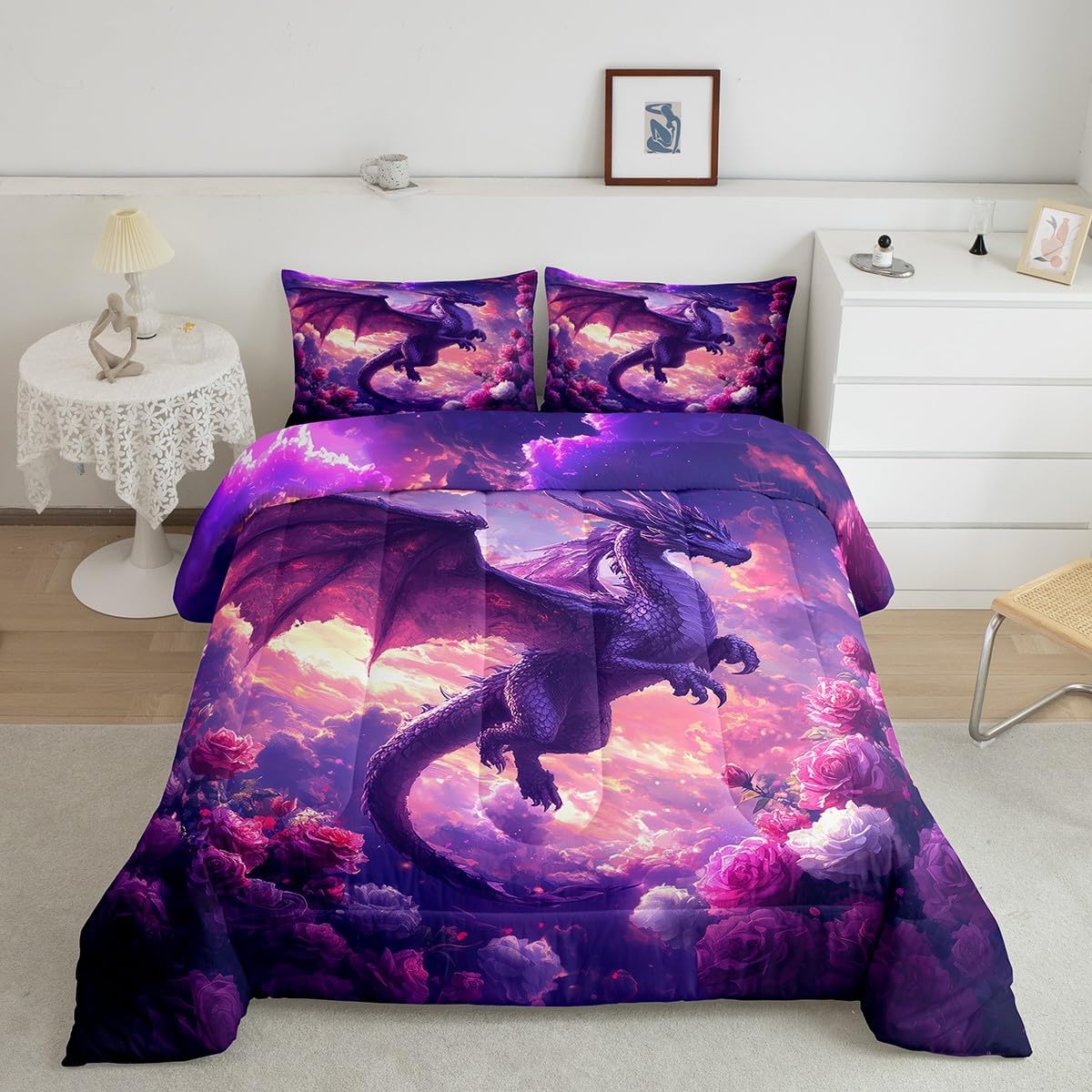 Manfei Dragon Comforter Set Queen Size,Mystic Western Animal Gothic Blue Bedding Set 3 Pcs for Teens Adults,3D Lightning Sky Antarctic Glaciers Ice Lake Down Comforter,2 Pillowcases