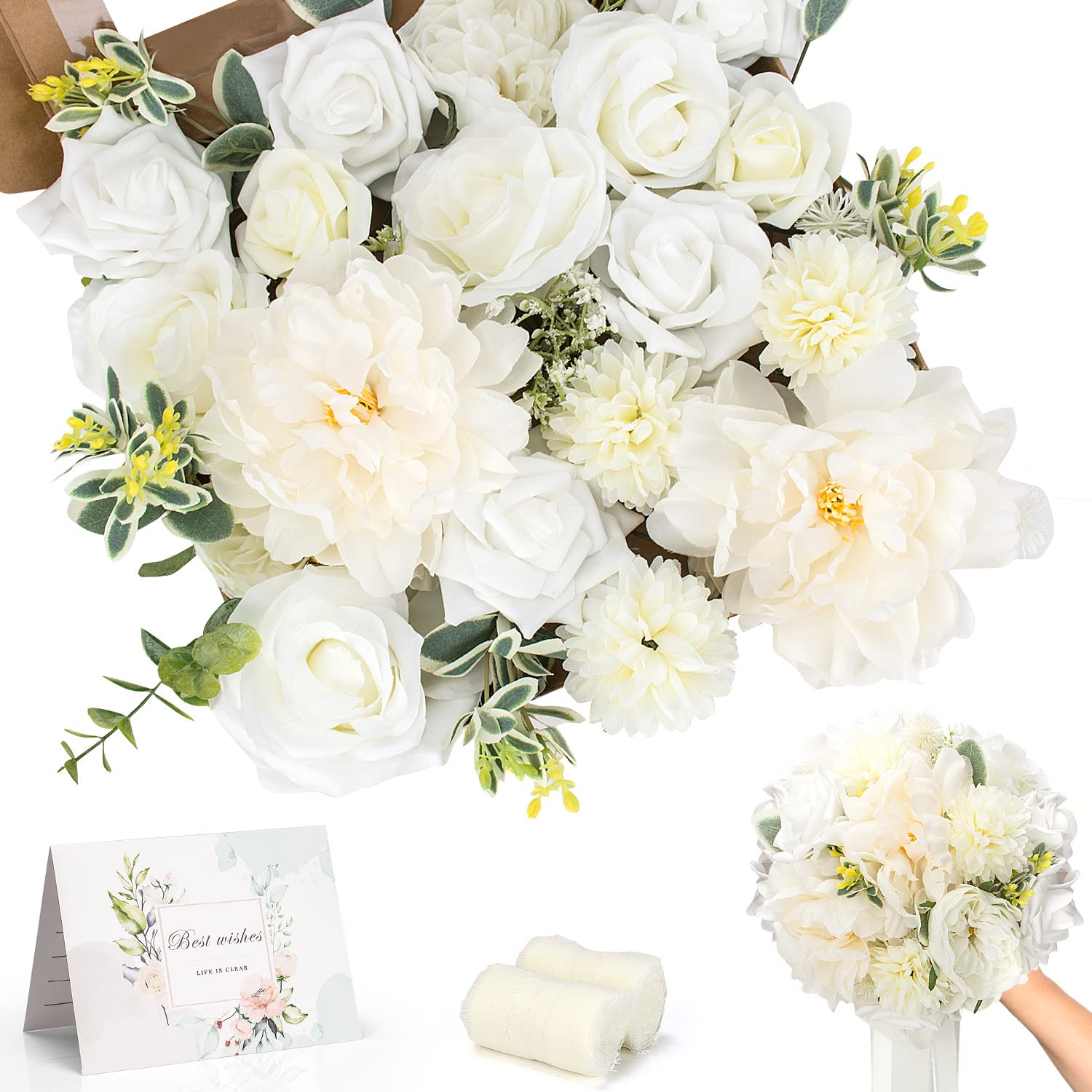 Jubor Artificial Flowers White, Dusty Rose Artificial Silk Flowers for DIY Wedding Bridal Bouquets Centerpieces Arrangements Baby Shower Party Home Decorations