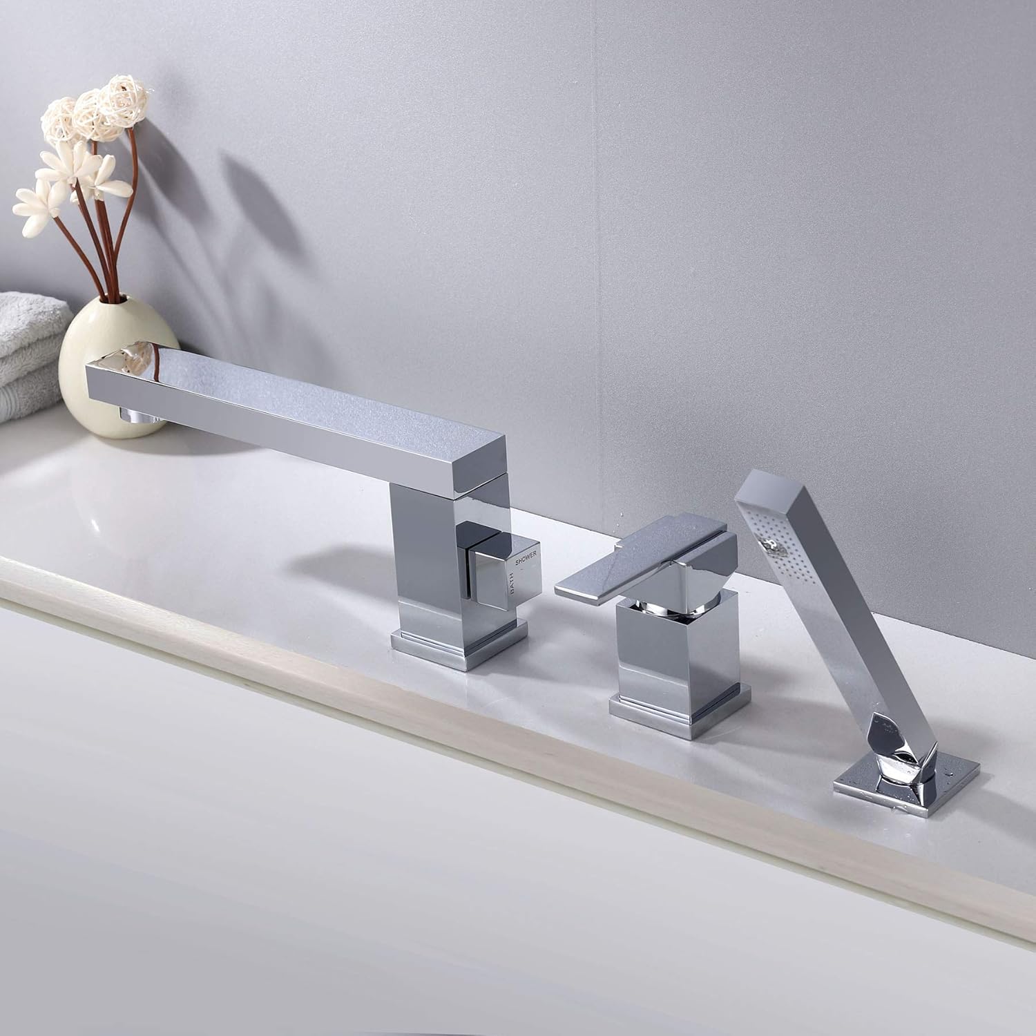 Prоmо Dіѕсоunt Uр Tо 70% оƒƒ Large Flow Rate Bathtub Faucet, Bathroom Basin Faucet, Square Polished Chrome Deck Mounted Multifunction 3-holes Roman Tap Set With Handheld Shower + Switch +Spout…