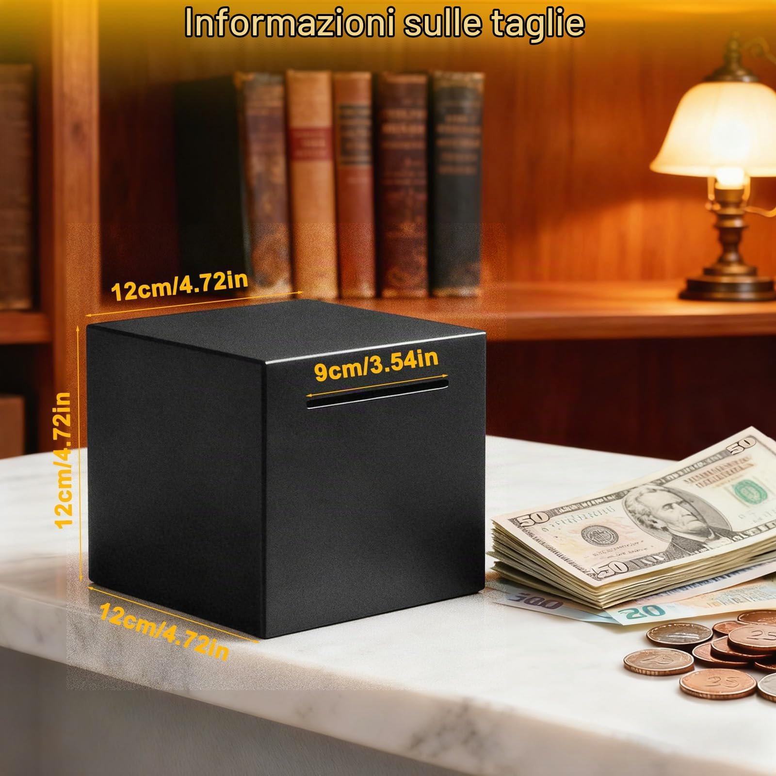Salvadanaio Non Apribile Nero in Acciaio Inox, Salvadanaio Chiuso Adulti Pratico Grande Rompere per Aprire 12x12cm, Money Box Monete e Banconote Sicurezza Qualità Alta per Adulti e Regalo Bambini