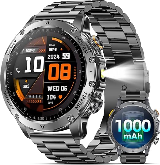 Military Smart Watches for Men, 1.7″ Smart Watch with 1000 mAh Battery, Led Flashlight, Answer/Make Calls, Heart Rate/Sleep Monitor 100+ Sport Modes Fitness Watch for Android/iPhone (2 Straps)