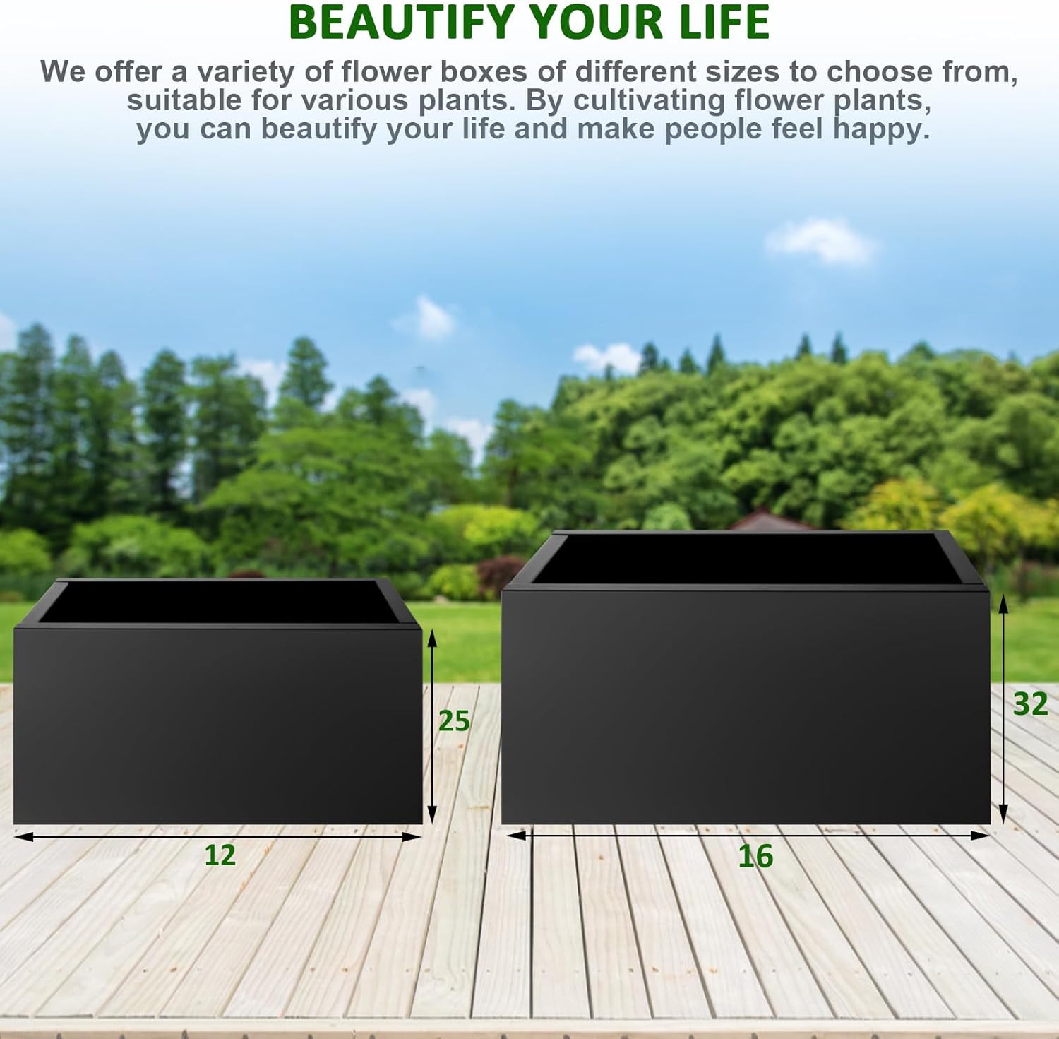 32"x16"x16" Large Metal Planter Box, Heavy-Duty Rust Resistant Steel Planter with Drainage Hole, Modern Rectangular Planter for Outdoor Indoor Patio Garden Yard (Black)