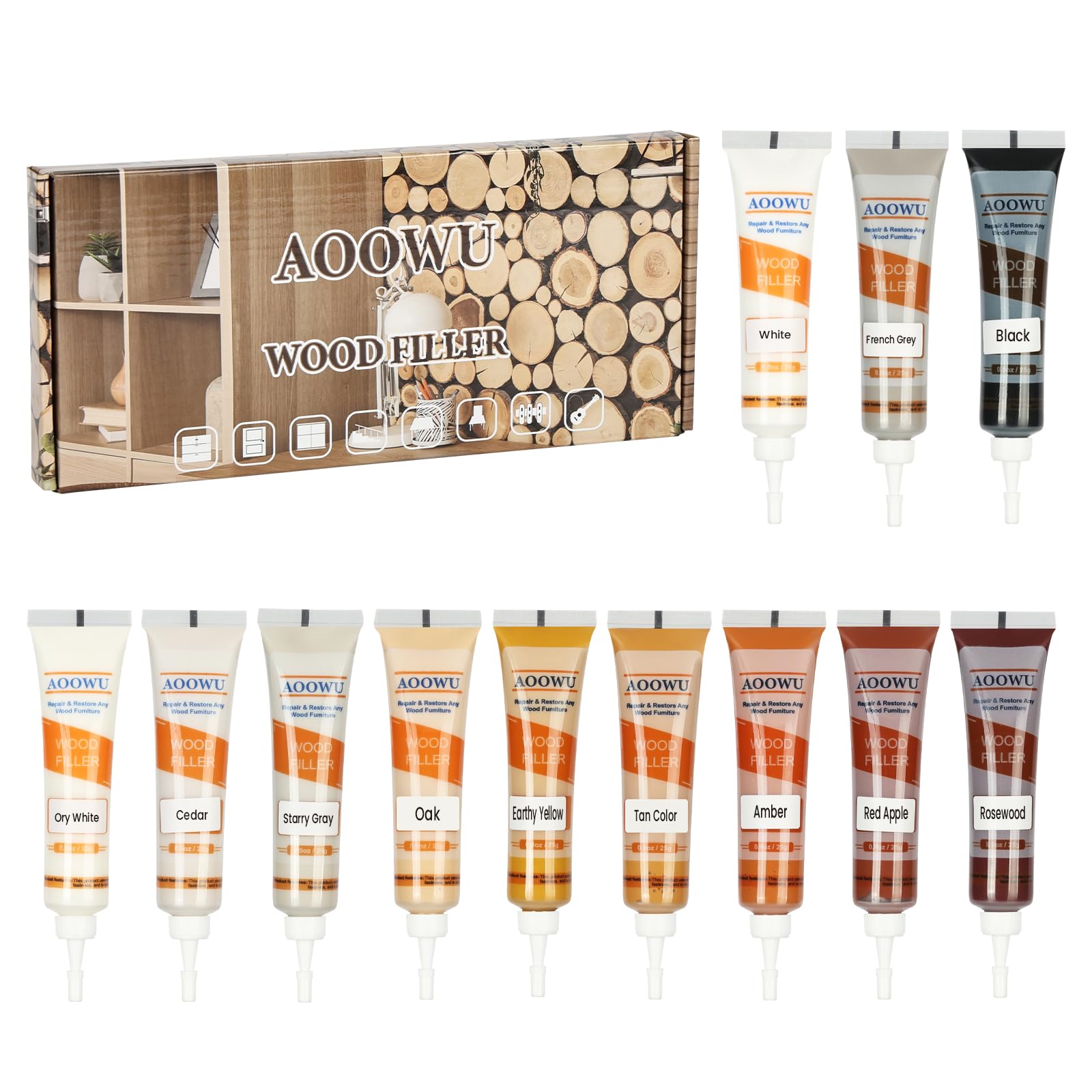 AOOWU Kit di Riparazione di Mobili, 12 Colori Set di Riparazione in Laminato, Kit di Riparazione per Legno, Stucco per Legno Riparare Eventuali Graffi, Crepe, Fori per Pavimenti, Tavoli, Porte