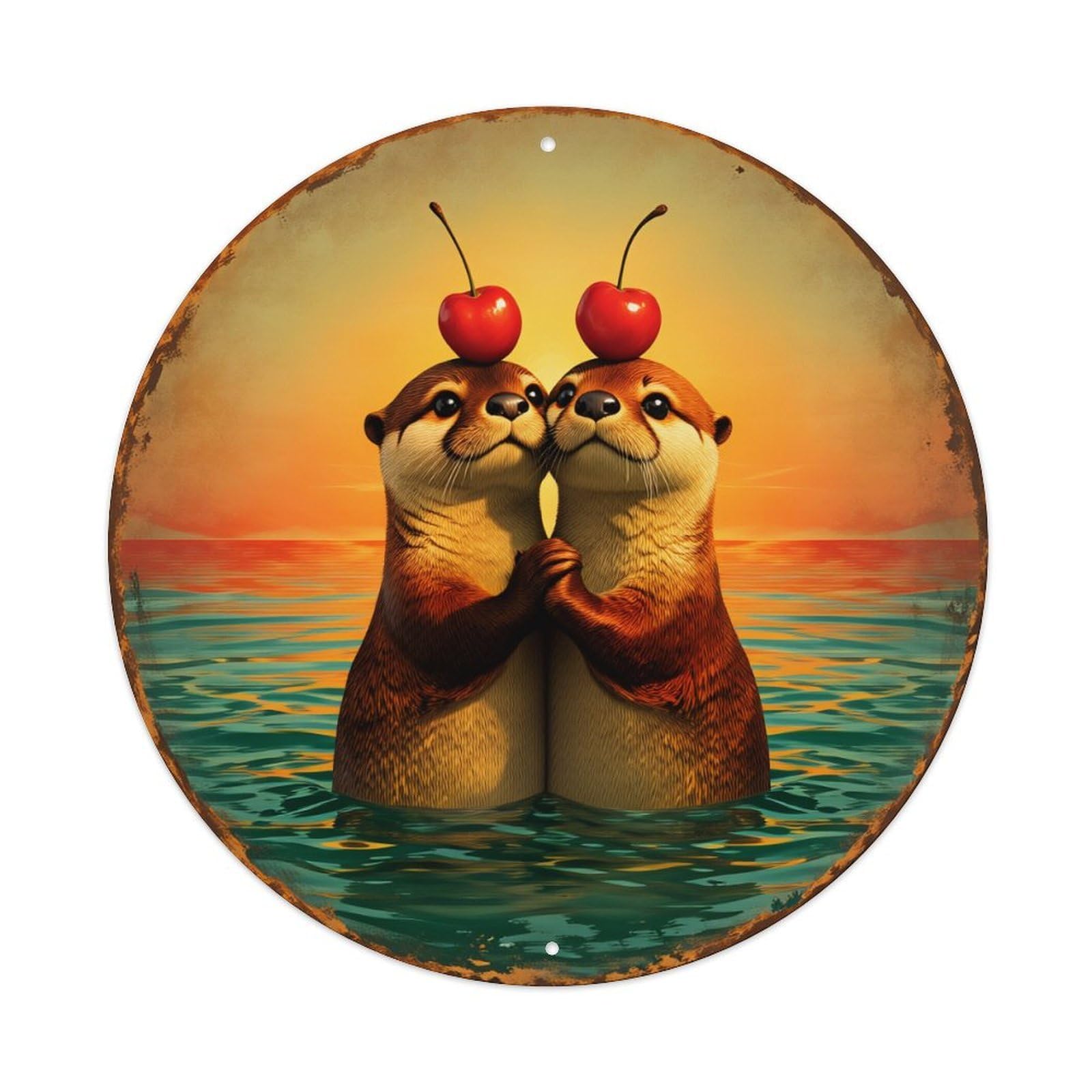 Wmlzdnwr Vintage Otter Couple Cherry Sunset Water Scene Round Tin Sign,Retro Wall Art,Metal Poster For Home, Bar, Garage, Cafe, Rustic Indoor & Outdoor Decor, 8X8 Inches