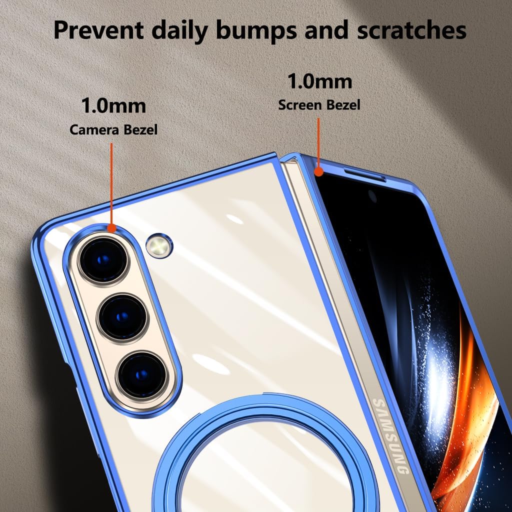 Compatible for Galaxy Z Fold 6 Case with O-Ring Stand Clear Case, Compatible with Magnetic Car Phone Mount [Wireless Charging] Slim Fit Anti-Scratch Cover for Galaxy Z Fold 6, Blue(13-53)