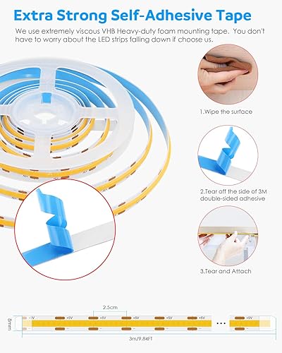 Miniatura 6 de Aclorol Tira de luces LED COB USB, luz de fondo LED blanca cálida para TV, 5 V, 3000 K, regulable, tira de luz flexible LED de 9.84 pies, 960 LEDS