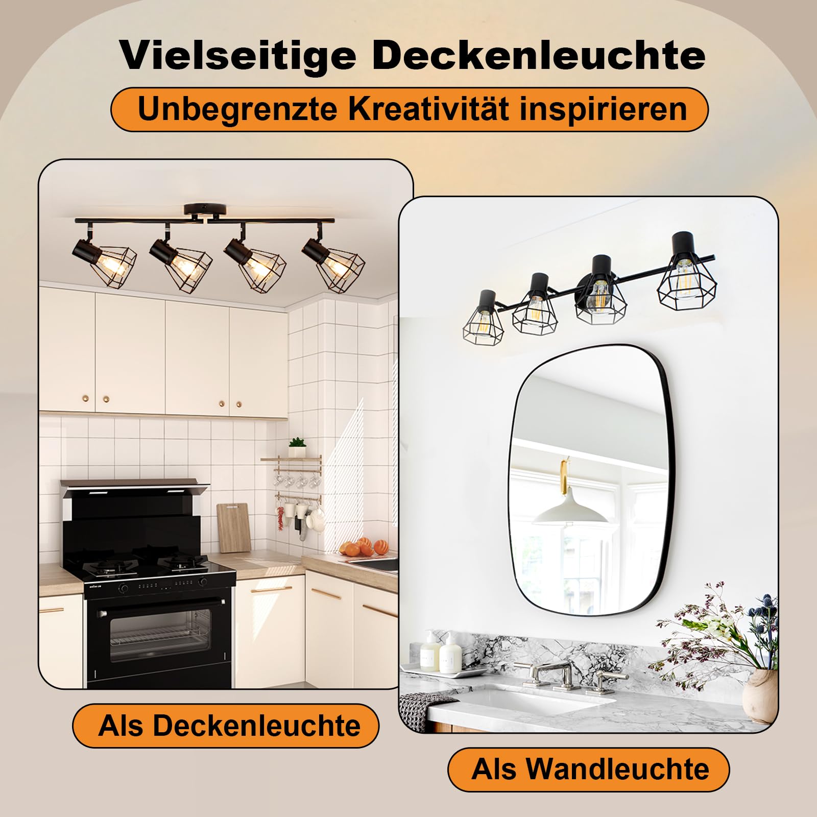HiBay LED Deckenstrahler 4 Flammig E27 Deckenleuchte Wohnzimmer Vintage Schwenkbar 350° Deckenbeleuchtung für Schlafzimmer Flur, max. 60 Watt Ohne Leuchtmittel