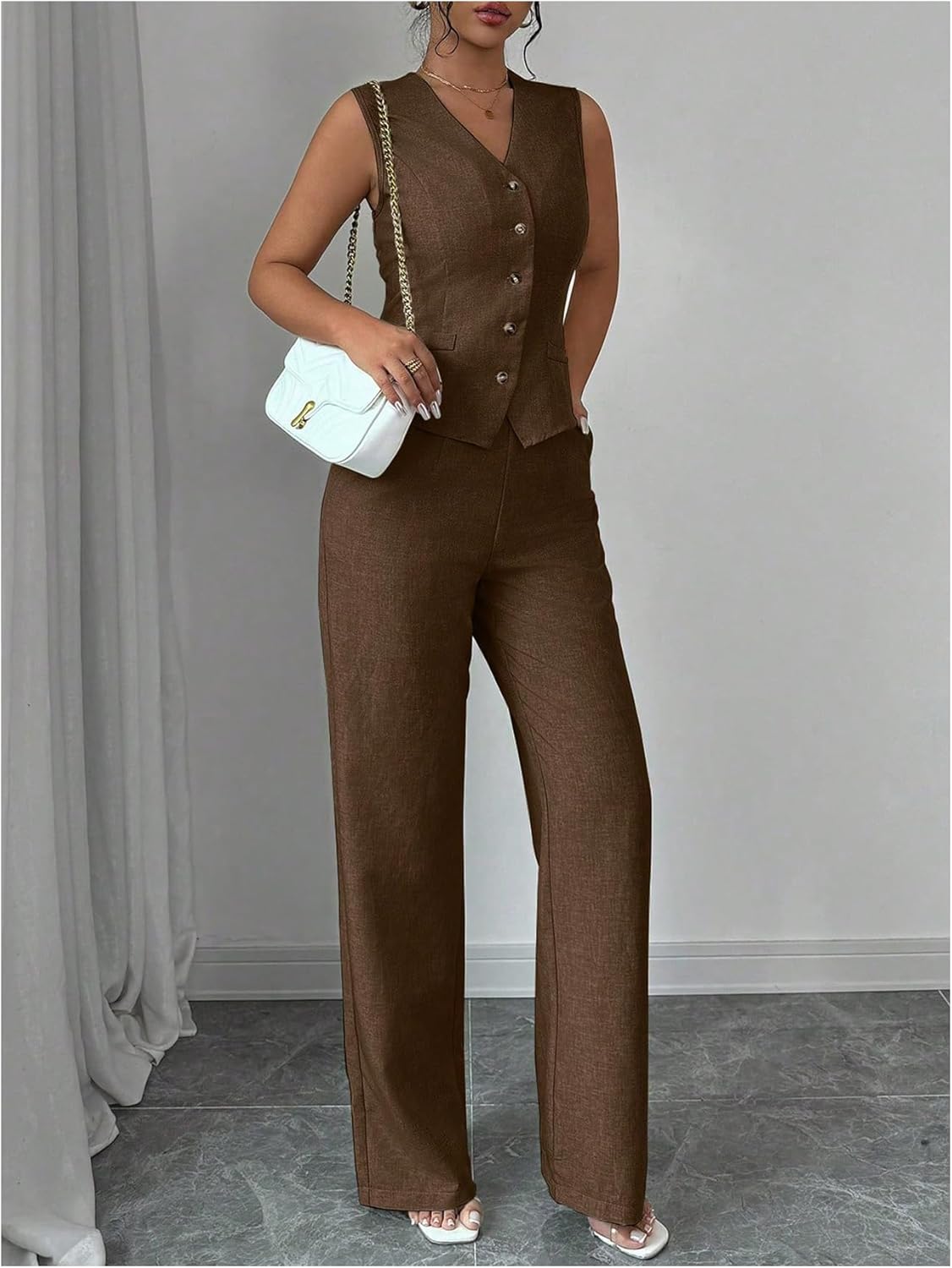 SOLY HUX Women's 2 Piece Outfits V Neck Button Down Vest Tops and High Waisted Pants Set Office Work Suit - Image 4