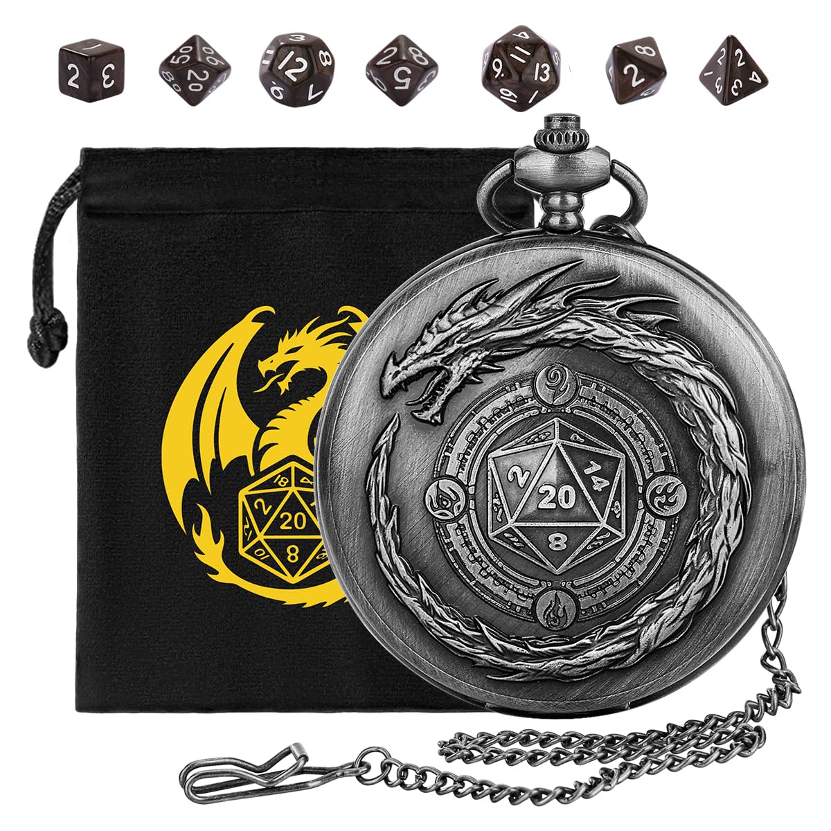 Mini DND Dice Set, 7pcs Polyhedral Acrylic Dice Set, with Steampunk Dragon Large Pocket Watch Case, DND Starter Set, DND Gift Bag with Dragon Logo, Role Play Board Game Accessories, Silver + Brown — image 1