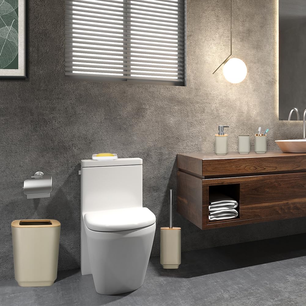 JOTOM Juego de 6 accesorios de baño de bambú, diseño moderno, 6 piezas, dispensador de jabón, soporte para cepillo de dientes, taza de dientes, jabonera, cepillo de inodoro, basura para baño,