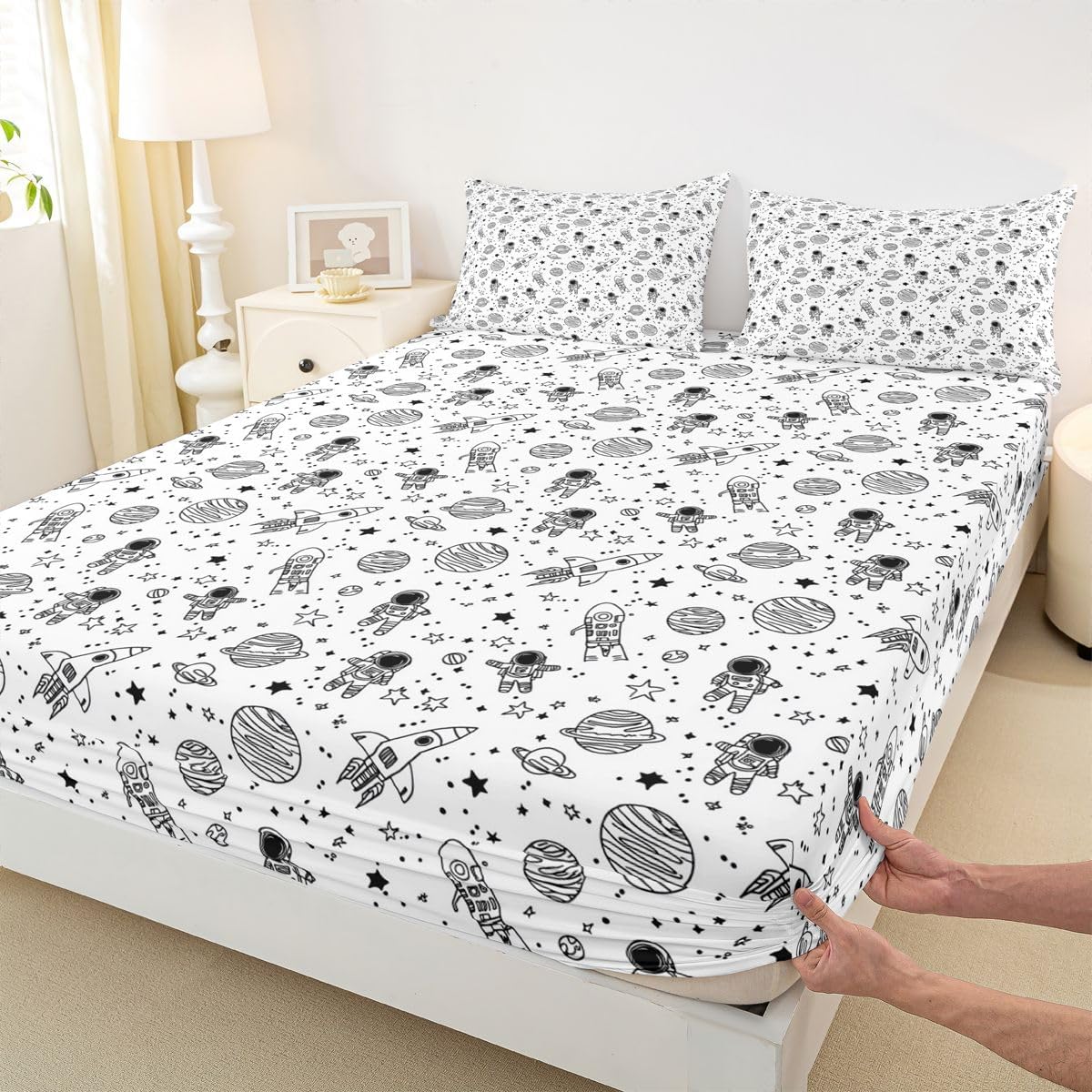 Galaxy Space Bedding Set Twin,Rocket Planet Astronaut Bed Sheets Space Constellation Sheet Set Universe Star Fitted Sheet for Kids Boys Bedroom Dorm,Black White Cute Cartoon Flat Sheet 1 Pillow Case
