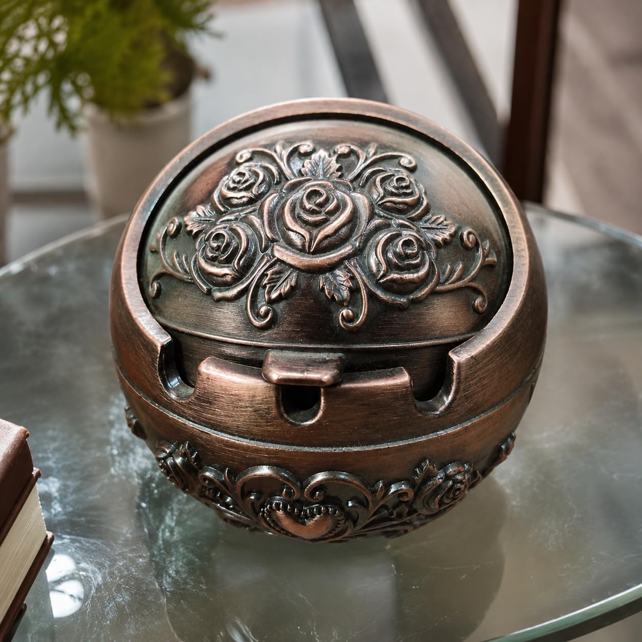 Decorative Metal Ashtray with Lid, Copper Finish, Floral Rose Embossed, Round, 10 cm Width, Vintage Style-image-1