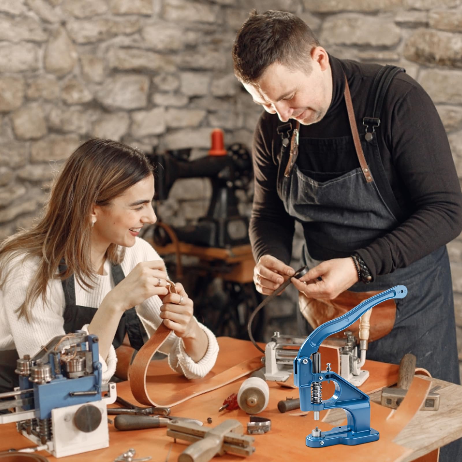 Presse à la main - Kit d'outils de poinçonnage pour cuir, outil de perforation de table à œillets avec marteau, matrices et œillets pour boutons pression, rivets, œillets et perles