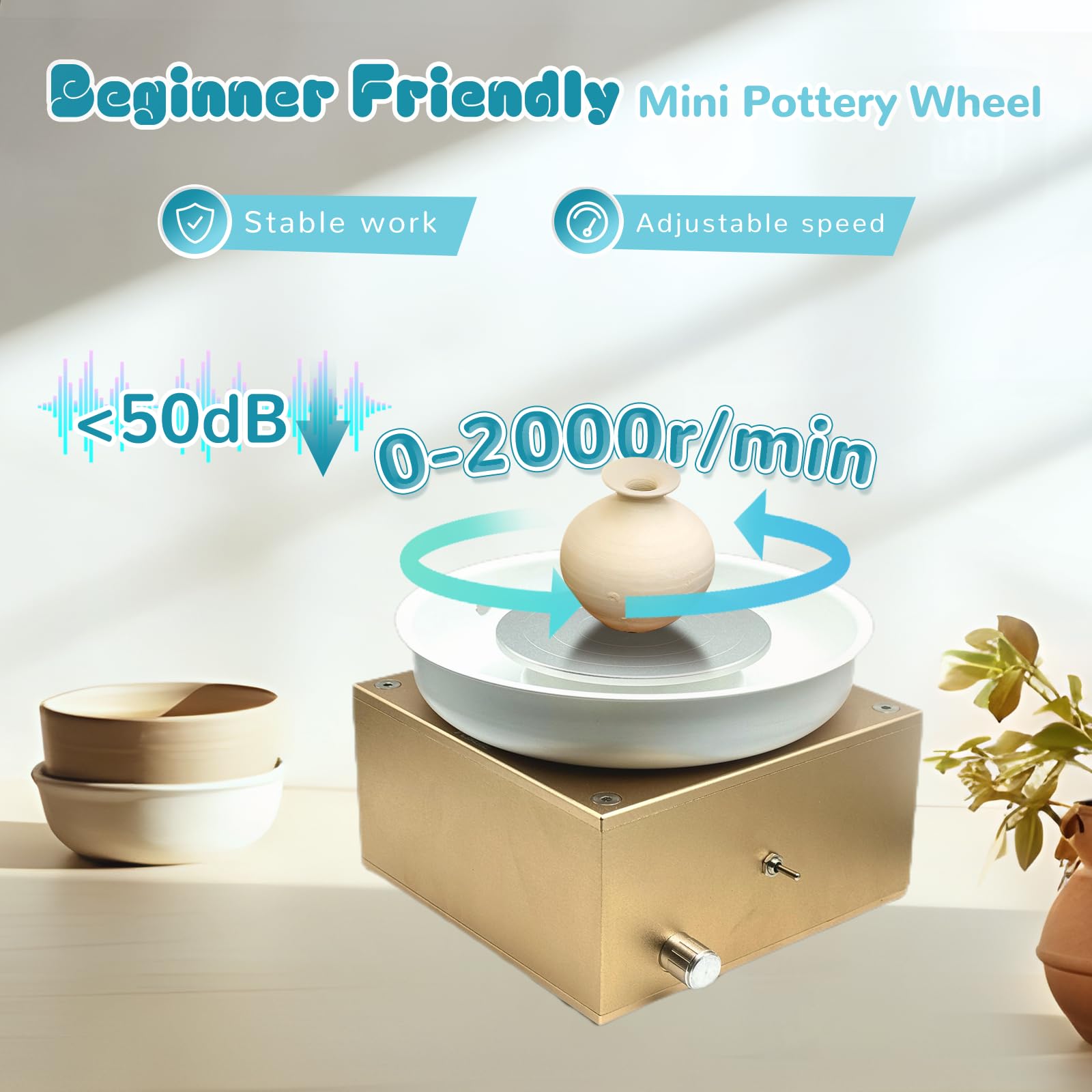 Bonoutil Mini Pottery Wheel Rechargeable 4in Electric Ceramic Wheel Machine Art Sculpting Tools Kit at Home Pottery Wheels for Adults Beginners
