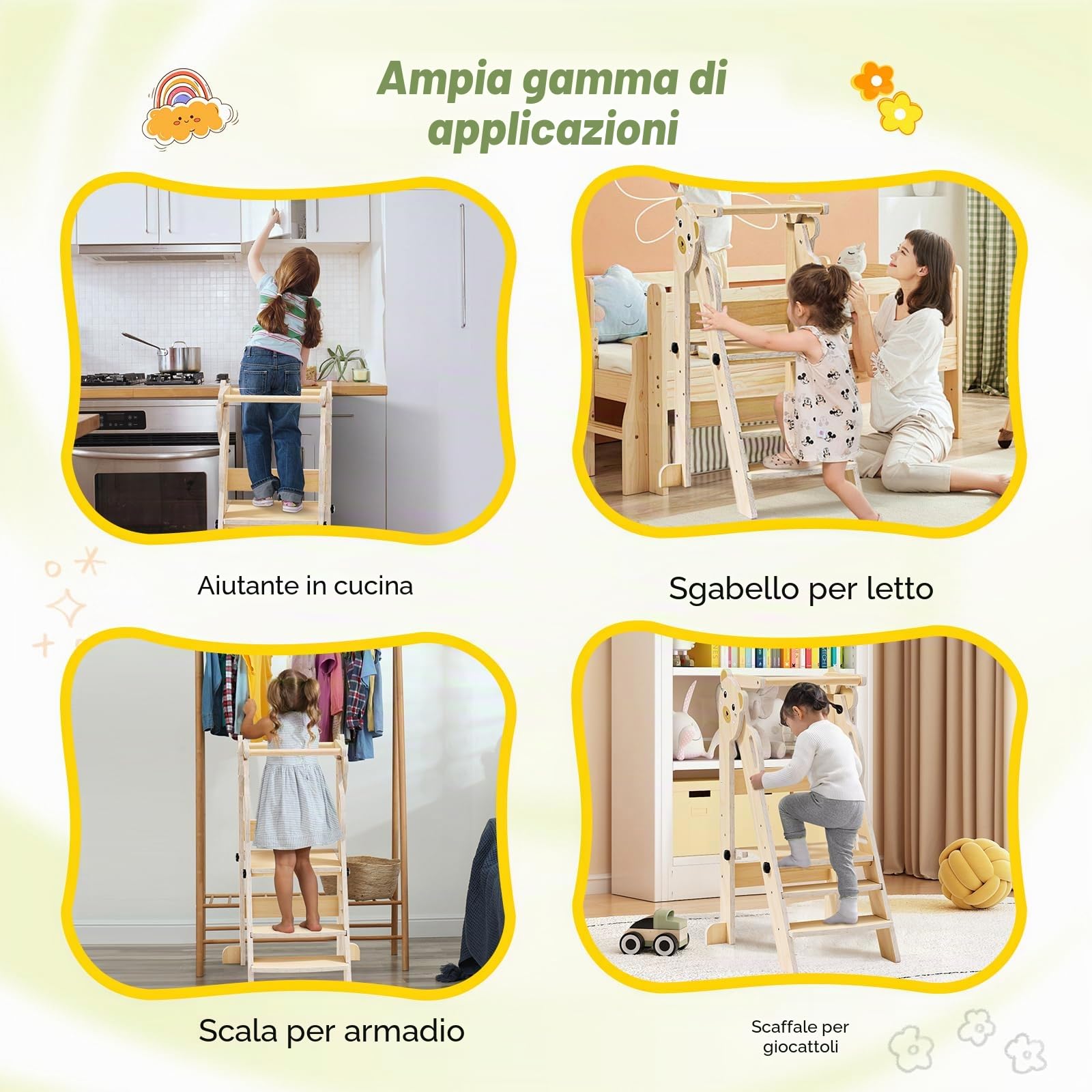 Torre montessoriana pieghevole per bambini, Montessori Learning Tower regolabile in altezza, legno naturale
