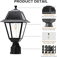 Vista 4 de LUTEC Luz de Poste Solar LED, Luz de Poste de Lámpara Solar de Aluminio Fundido, Cabezal de Luz de Poste Impermeable del Atardecer al Amanecer, 200