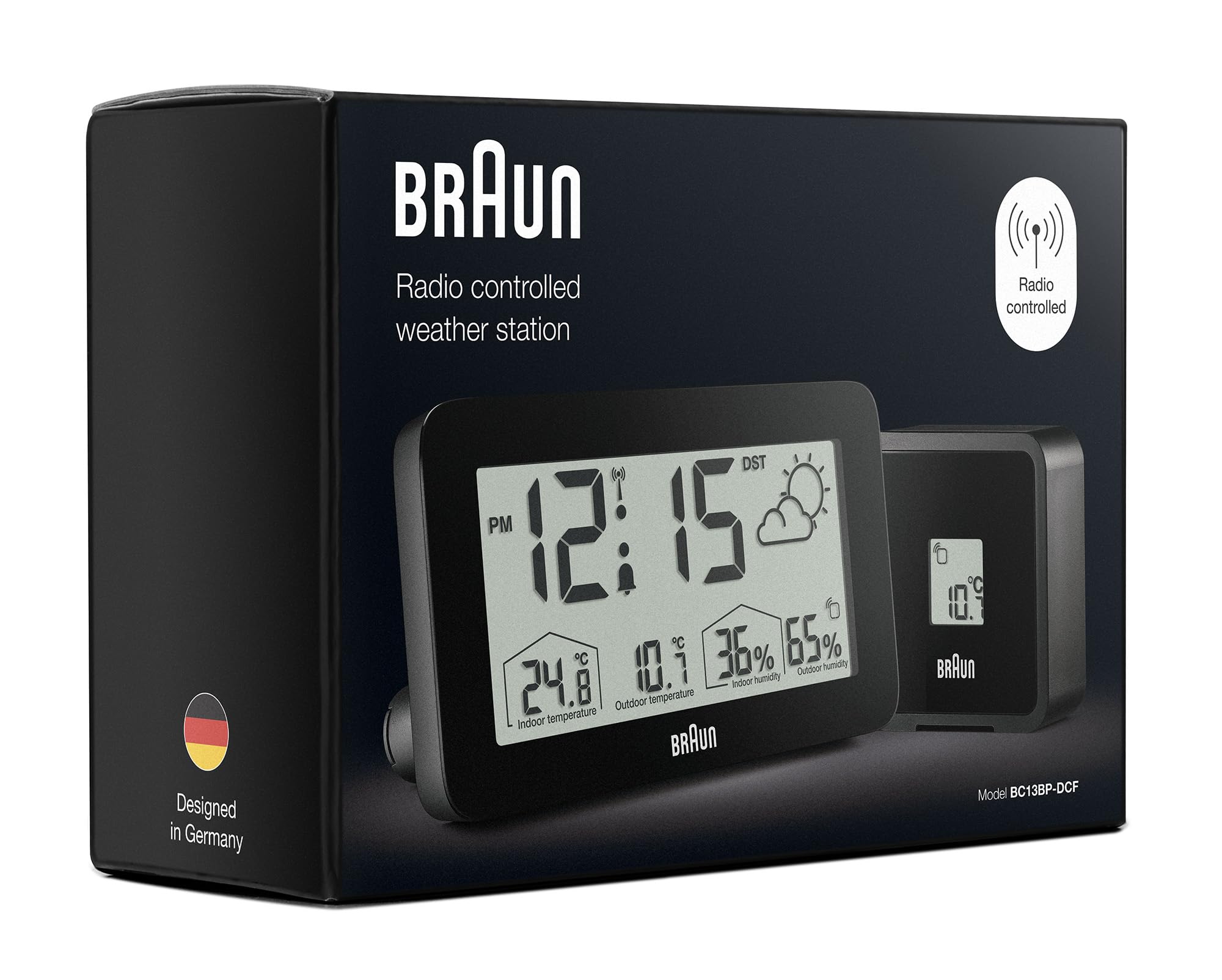 Braun Digitale Wetterstationsfunkuhr für die mitteleuropäische Zeitzone (DCF) mit Anzeige von Innen- und Außentemperatur, Luftfeuchtigkeit, Vorhersage, Alarm-Piepton in schwarz, Modell BC13BP-DCF.