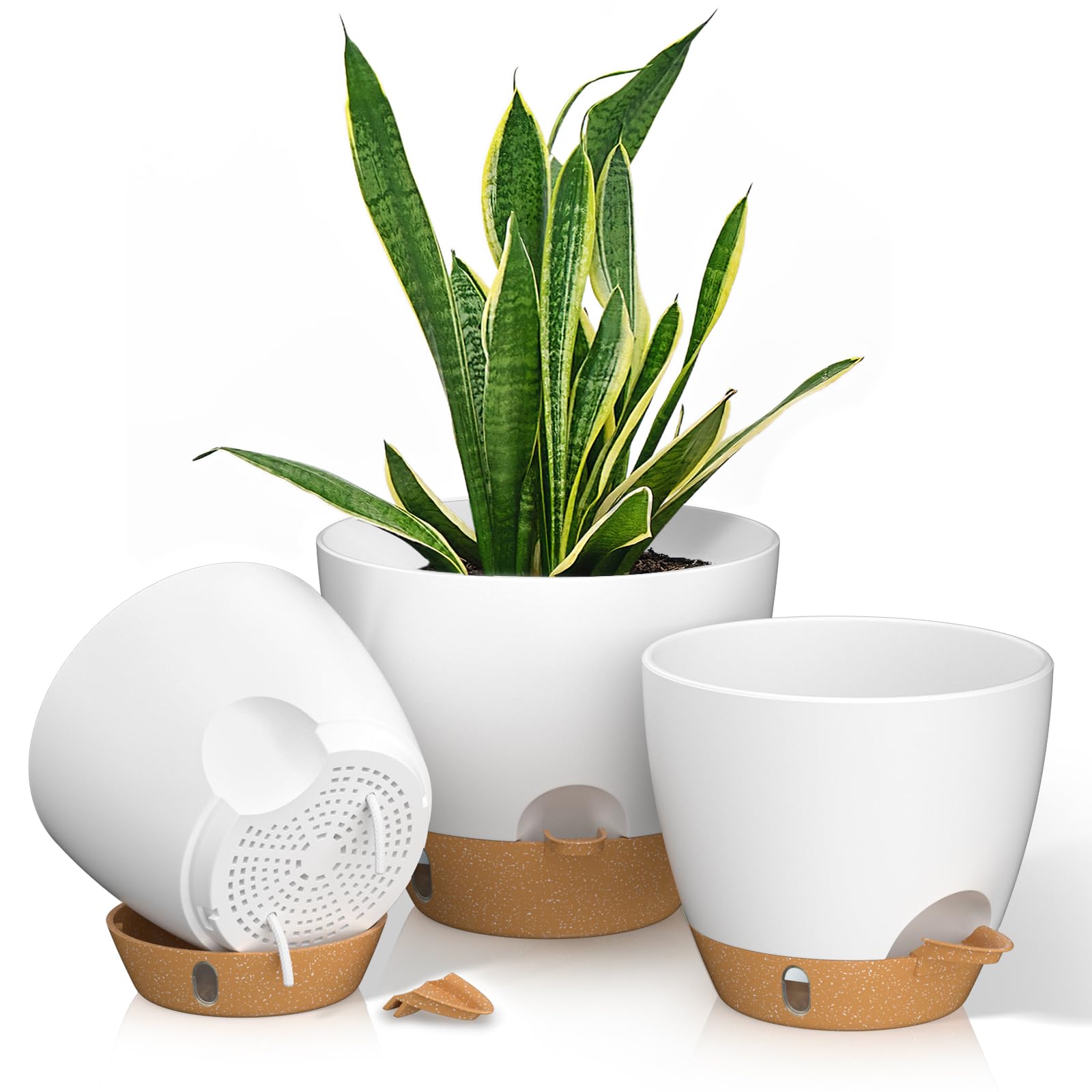Macetas de riego automático – 9/10/12 pulgadas (paquete de 3) macetas grandes de plástico con agujeros de drenaje para plantas y flores de interior y exterior (blanco)