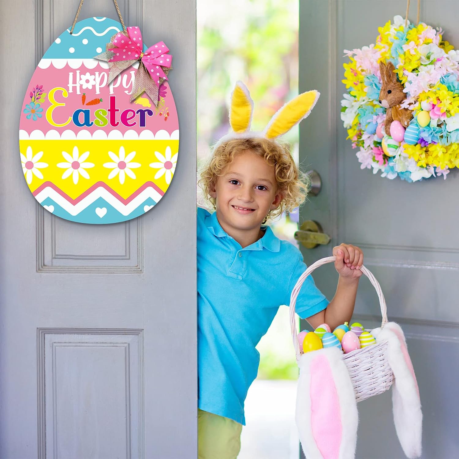 Happy Easter Door Hanging Sign Spring Egg Shape Wooden Sign Decoration Welcome Sign Pink Bow Easter Plaque for Easter Party Desk Office Home Party Supplies Farmhouse Gift