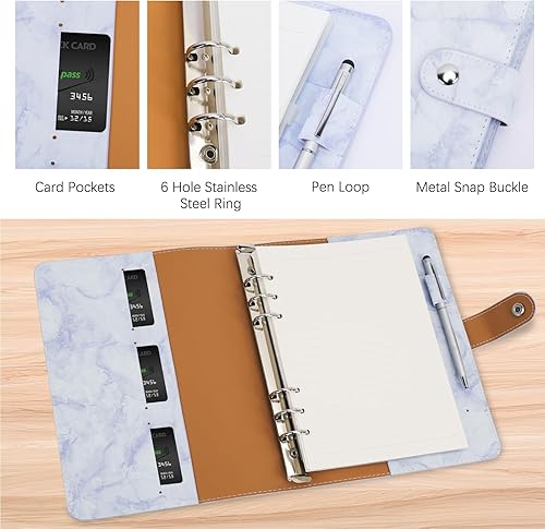 Miniatura 3 de FYY Carpeta de cuero A5 con 6 anillas, cuaderno recargable A5 con bolsillos para carpeta, divisores A5, papel de repuesto A5, carpeta de viaje de