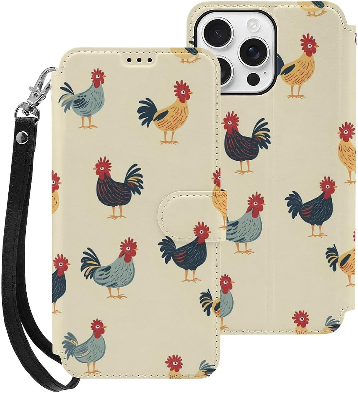Roosters Chicken Compatible with iPhone 16/16 Plus/16 Pro/16 Pro Max/16 E Case Phone Wallet Card Holder Flip Cover with Wrist Strap