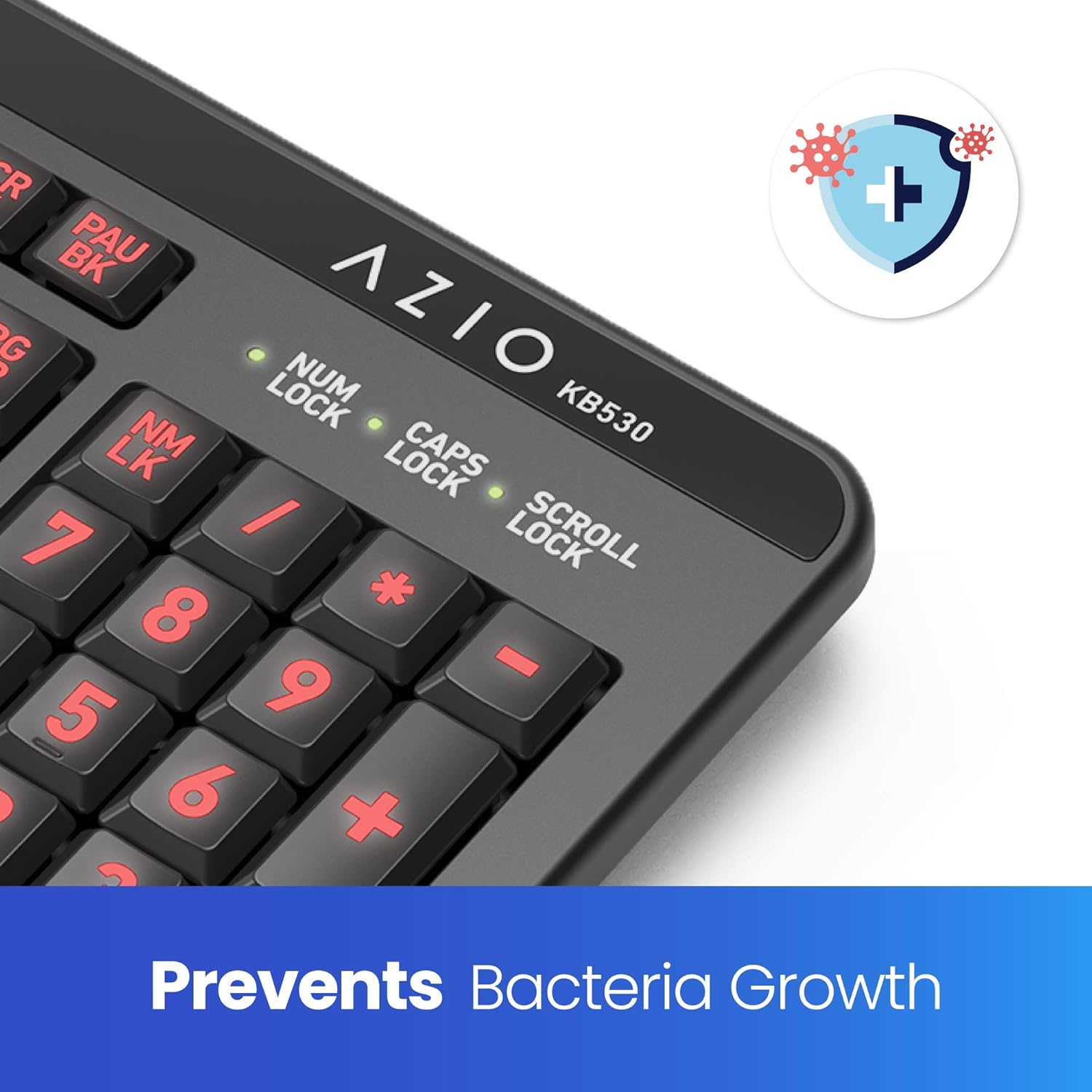 Black Friday - 70% OFF Azio Large Print Waterproof USB Keyboard - Wired 3-Color LED Backlit and Washable with Silver Antimicrobial Protection | Keyboards for Windows PC Version, Led Black/Blue Purple Red (KB530)