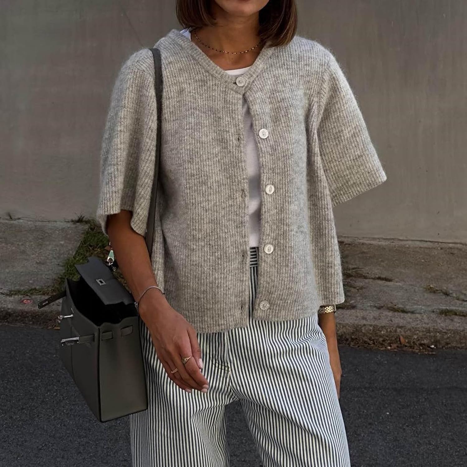 Women's Cropped Cardigan Short Sleeve Button Up Knit Tops Sweater Loose Fit Summer Fall Casual Y2k Outfit Clothes - Image 2