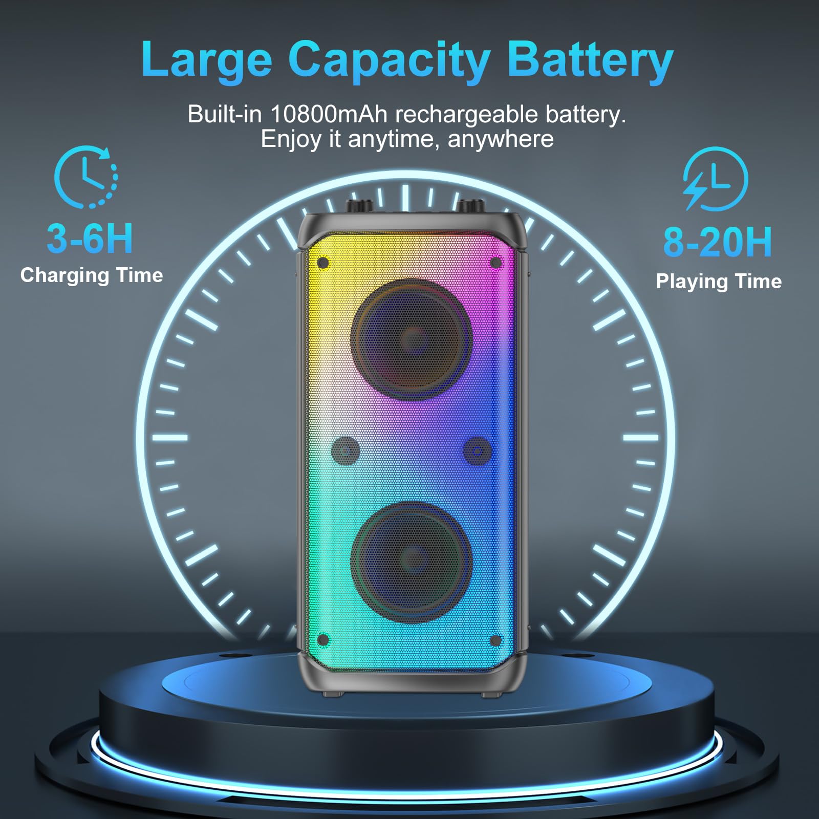 Altavoz Bluetooth, 80W Pico Inalámbrico TWS Altavoces Portátiles Fiestas Al Aire Libre con Subwoofer, Luces LED de Colores, Boombox Fuerte Sonido Estéreo con Micrófono para el Hogar, Camping, Viajes