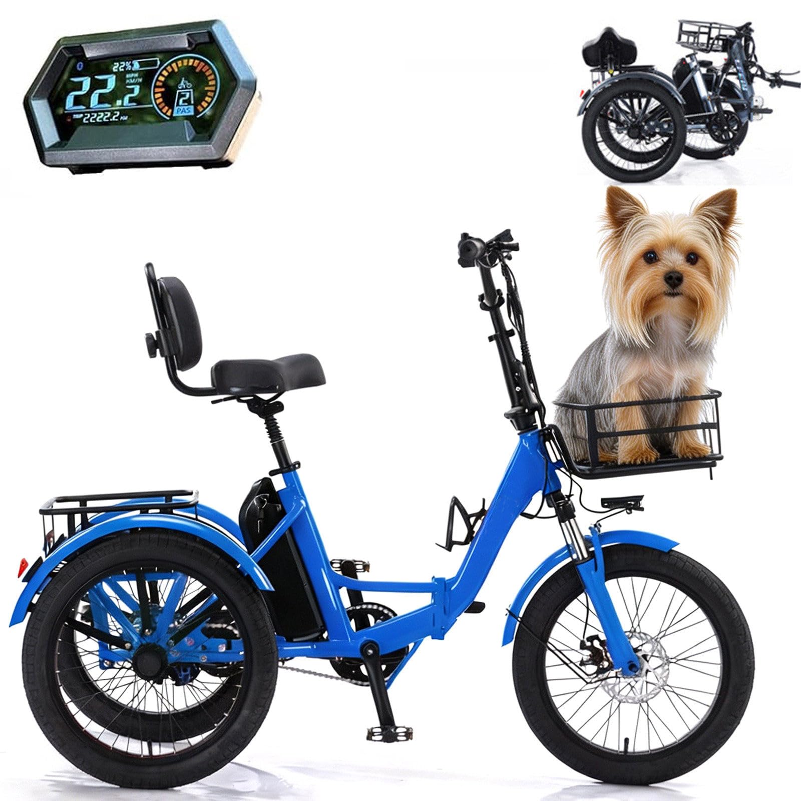 Bici Elettrica A 3 Ruote Elettrica per Adulti Tre Ruote Elettrica con Cestino Portaoggetti Larghi, Facile da Scalare capacità di Carico 20Inch-Blue