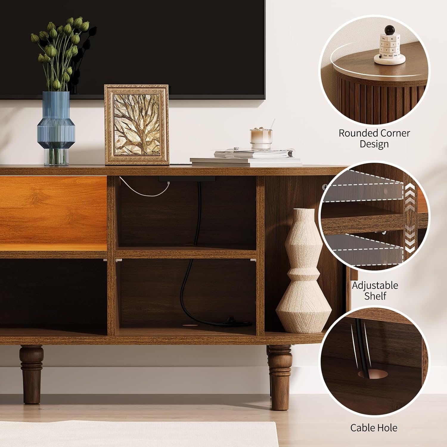 TV Console with Power Outlet-55 Entertainment Center with Sliding Tambour Door, Modern TV Stands for Living Room Bedroom, LED Media Stand with Storage Cabinet and Adjustable Shelves, Walnut - Image 6