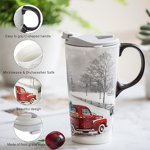Miniatura 3 de Topadorn Tazas de cerámica de Navidad con caja de regalo, taza de café de porcelana con tapa a prueba de derrames para Navidad, camión de invierno