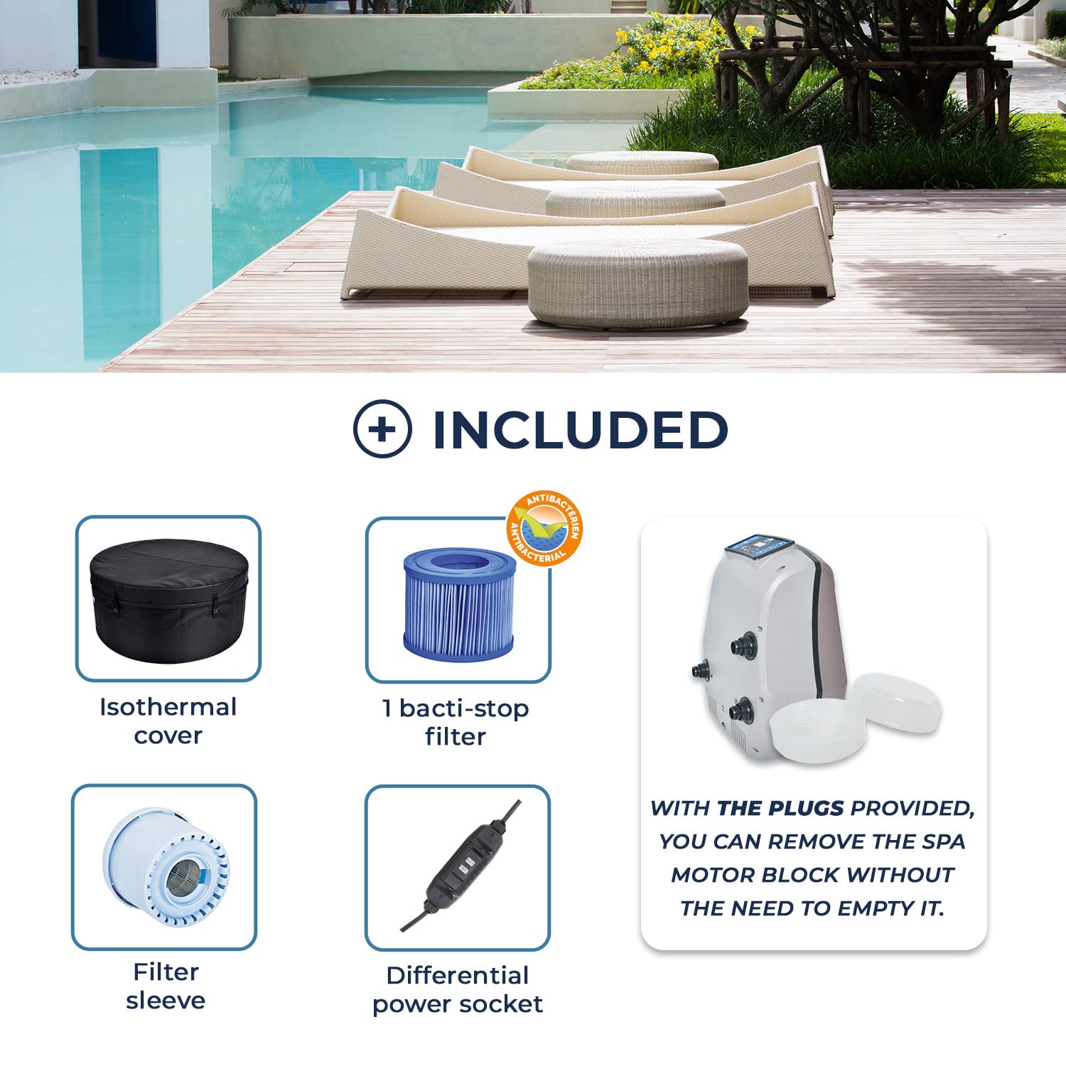 NETSPA - SP-VIP140/MOB2 - NetSpa Vita - Spa Semi Rigide + Mobilier (5 éléments) - Spa Portable - Rond - 4 Places