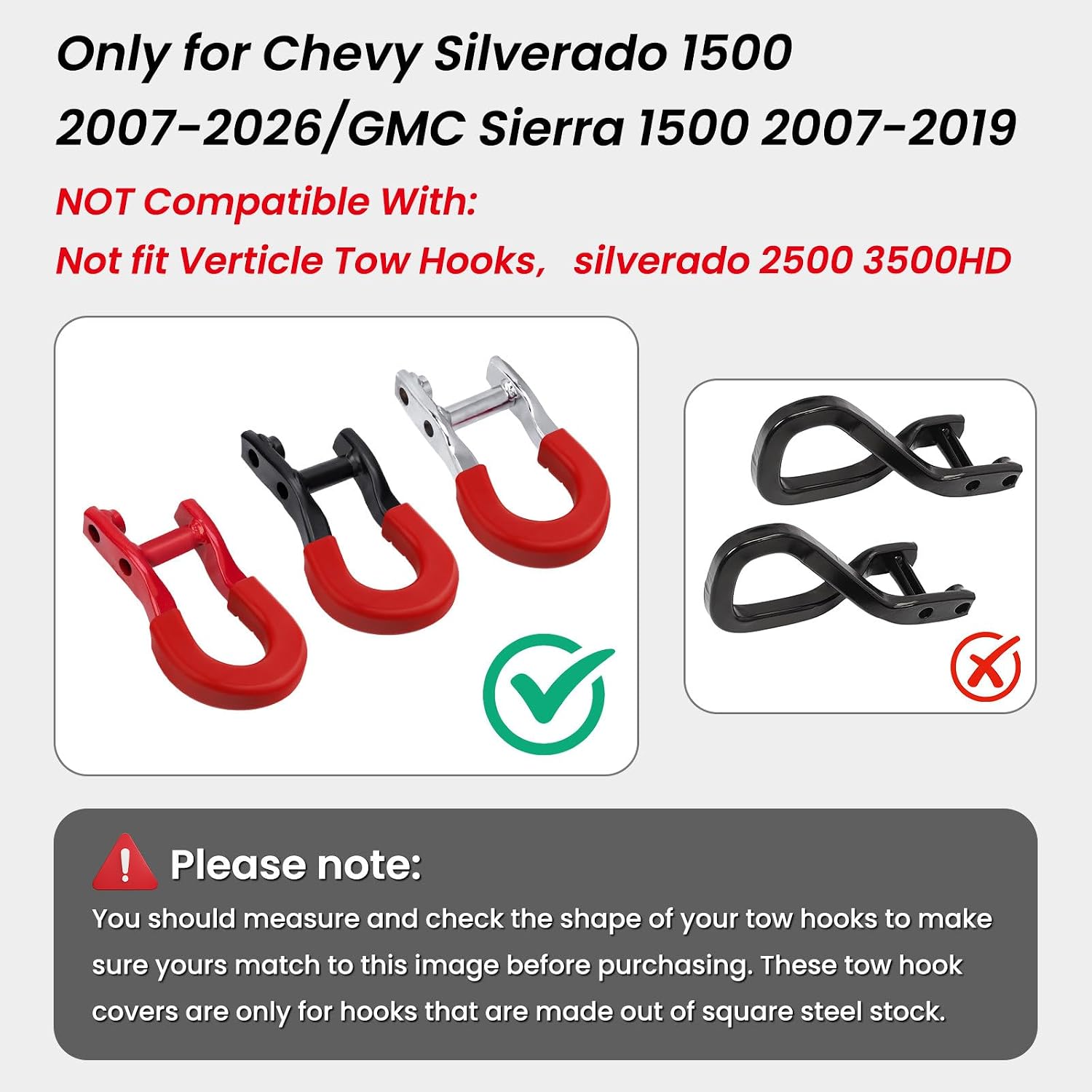 Extended Tow Hook Covers for Silverado 1500 2007-2026/GMC Sierra 1500 2007-2019, Front Tow Hooks Covers Compatible with Chevrolet Silverado 1500 Accessories Red (Not fit Verticle Tow Hooks)