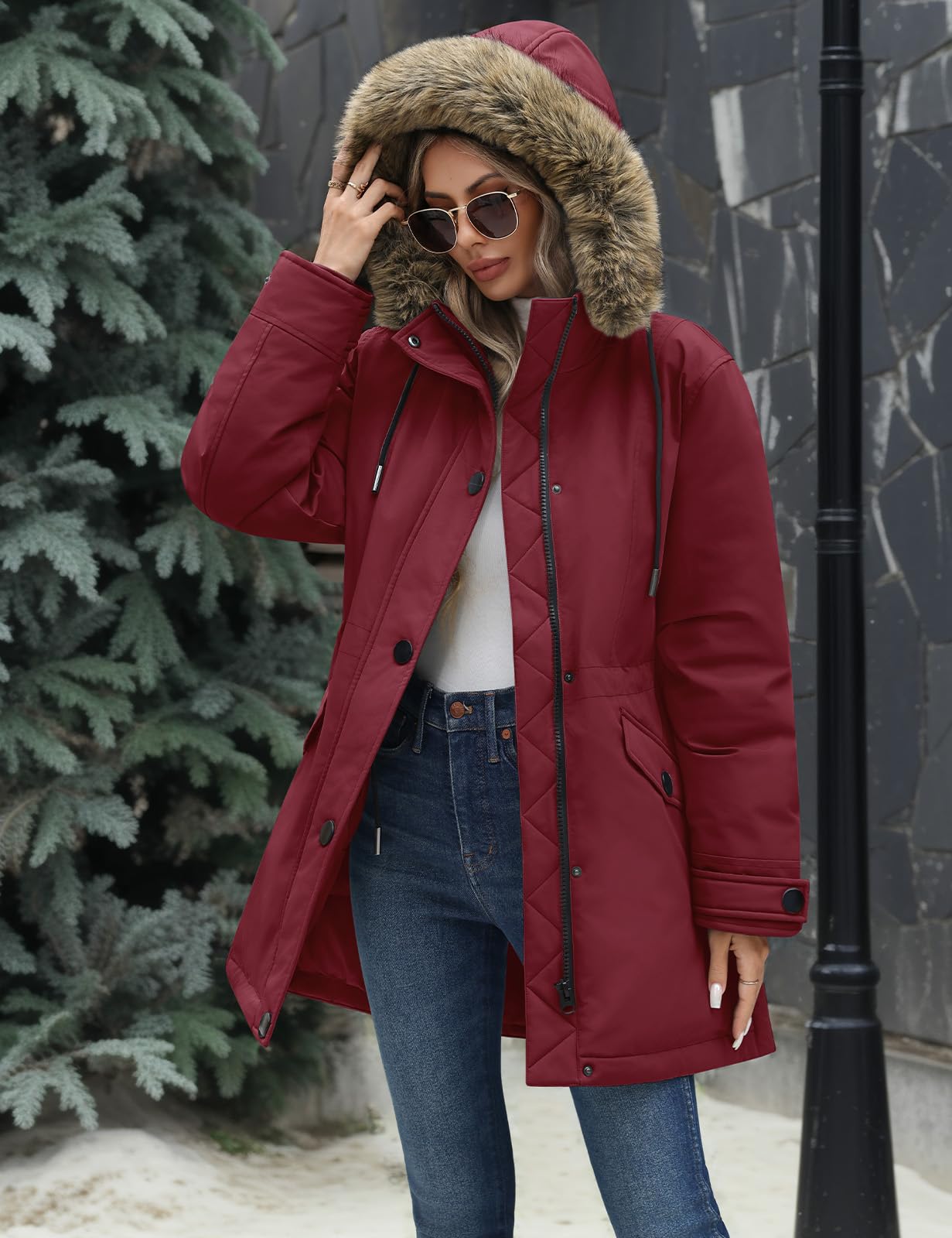 CMTOP Giacca Invernale Donna Media Lunga Cappotto Impermeabile Calda Comodi Antivento Parka Giubbotto Elegante Moda con Cappuccio Staccabile in Pelliccia Jacket Slim Fit con Zip Tasche