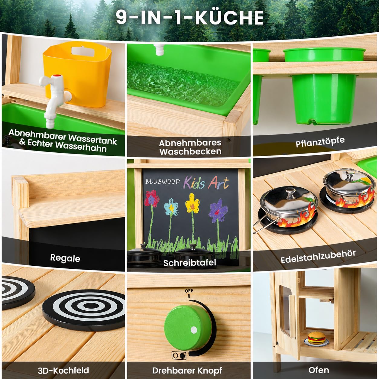 Cuisine extérieure Enfant en Bois - Jouet d’Imitation avec Robinet Fonctionnel, évier Vert, Double Plaque de Cuisson, Tableau Noir et Accessoires - Idéal pour Jardin ou terrasse