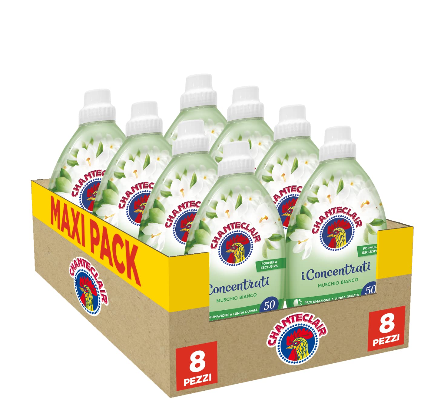 CHANTECLAIR I Concentrati Concentré Assouplissant, Parfum Musc Blanc, pour un linge doux et parfumé, Lot de 8 flacons de 1 L