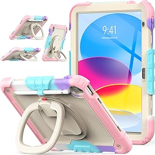 SEYMAC stock iPad 10th Generation Case for Kids & Girls, Shockproof Case with Pencil Holder & Screen Protector [ 360° Ring Handle Stand ], 10.9 inch iPad Case 10th Generation 2022 (Pink)
