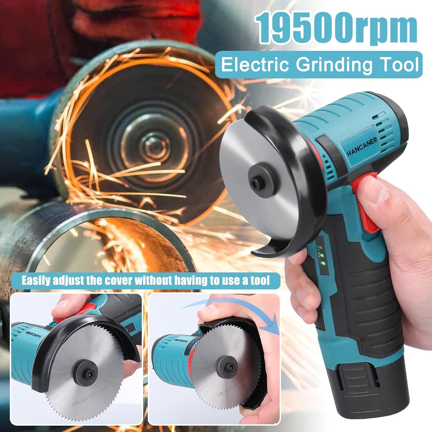 Hancaner Mini Smerigliatrice ad angolo senza fili 19500 RPM 12V Professional Dischiatore Senza Fili | 2 Batteria 2.0 Ah | 6 Dischi da Troncare 76mm | Smerigliatrice Angolare Senza Fili per Rettifica e